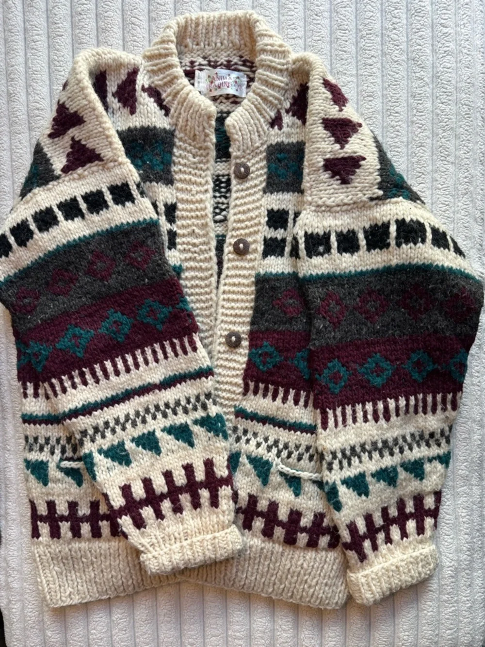 Cozy Fair Isle Cream Cardigan Sweater with Teal & Burgundy Accents - Picture 2 of 4